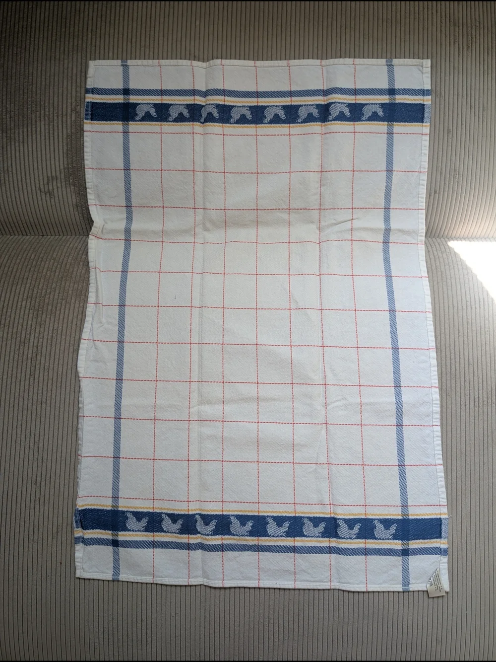 Vintage Santens Belgium Cotton Tea Towel Rooster Blue Border Grid Cottagecore
